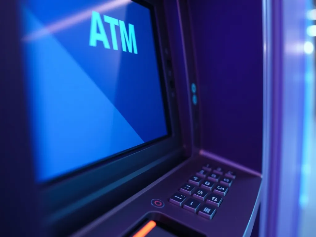 A minimalist close-up of a modern ATM screen and metallic ke