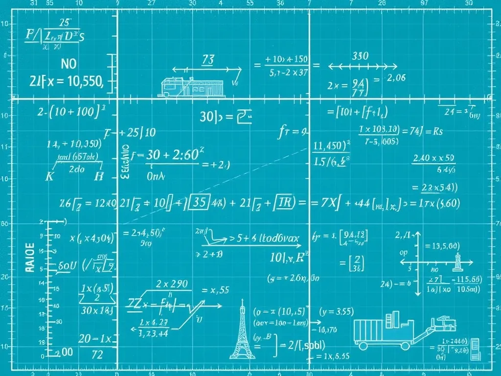 Industrial blueprint with mathematical equations and grid li
