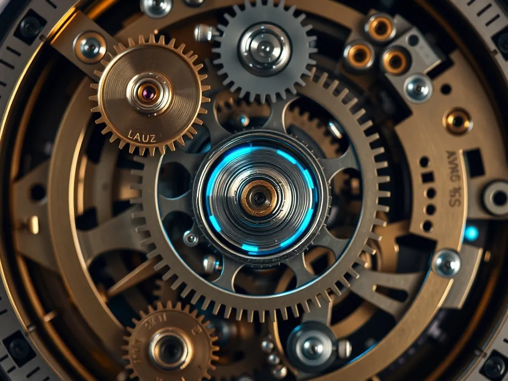 A technical top-down view of a complex mechanical clockwork