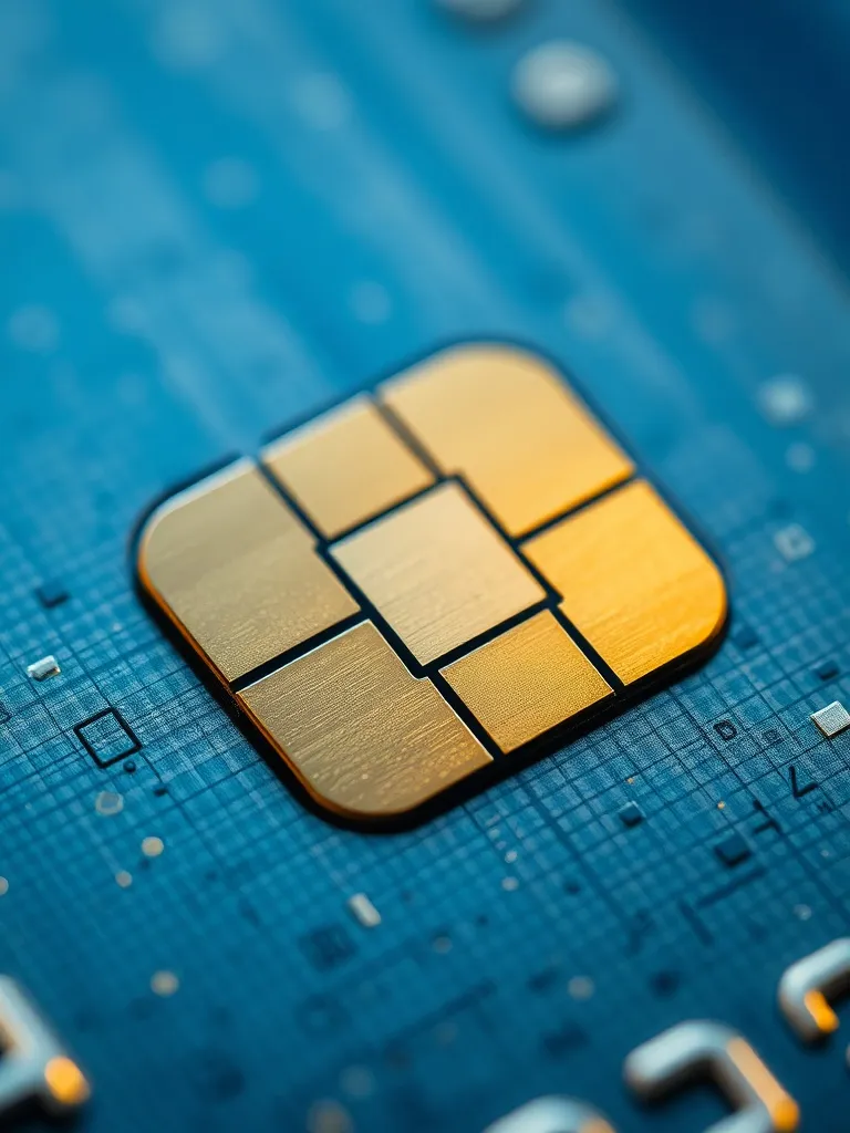 Macro close up of a credit card chip, metallic textures, hig