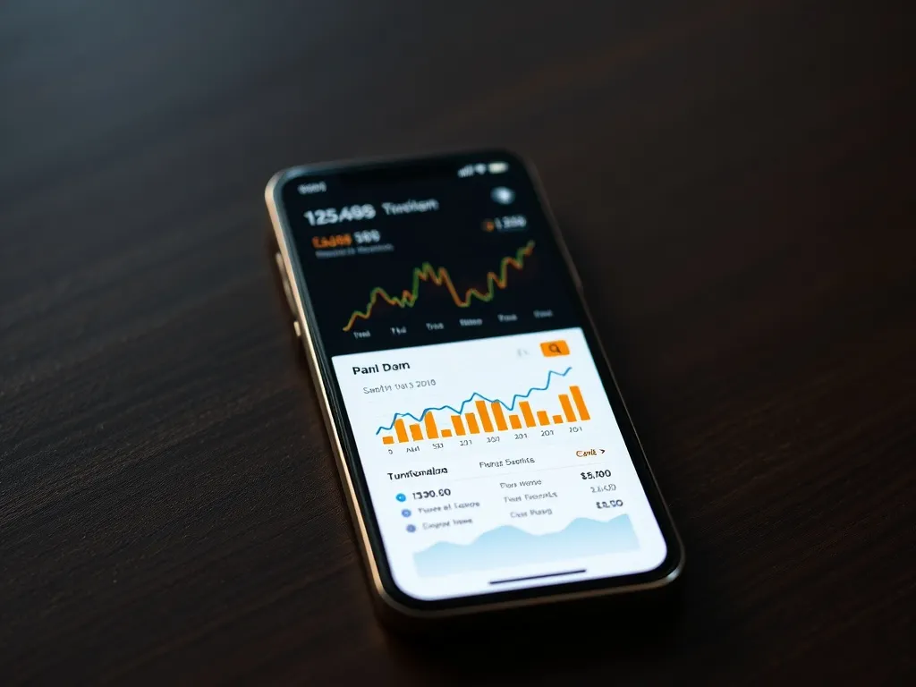 A smartphone displaying a banking app interface with charts,