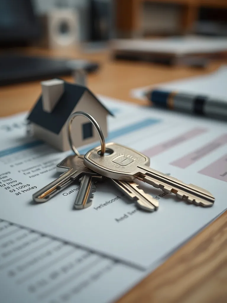 A set of house keys resting on a financial document, focus o