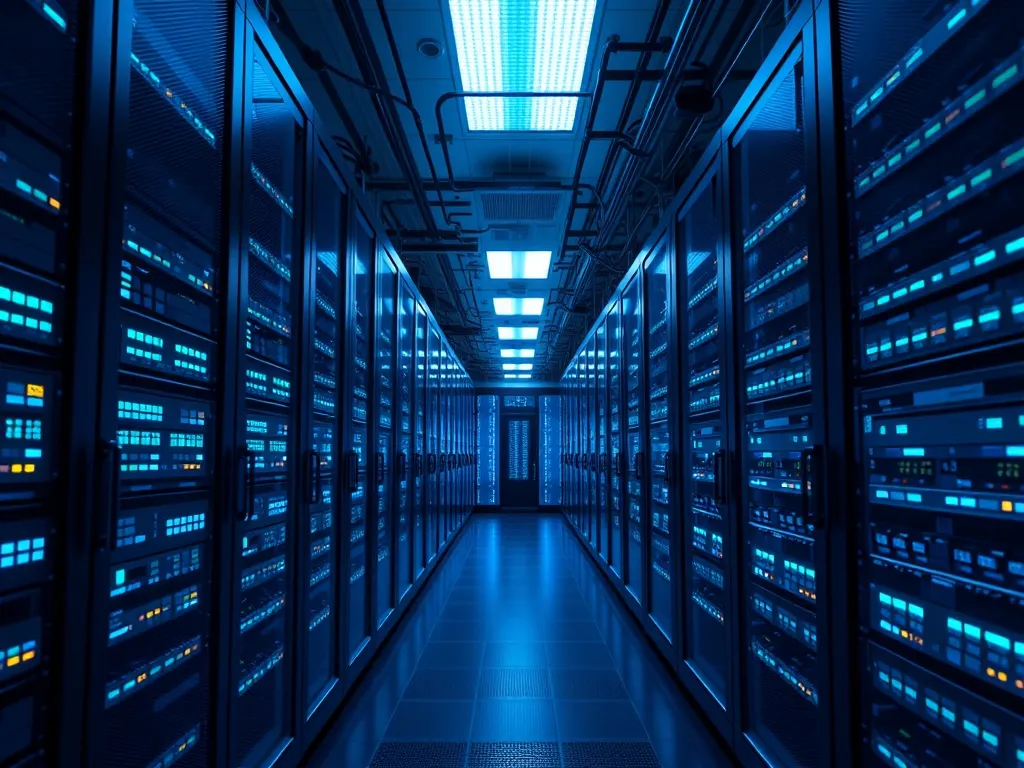 A high-tech digital security server room with glowing blue a