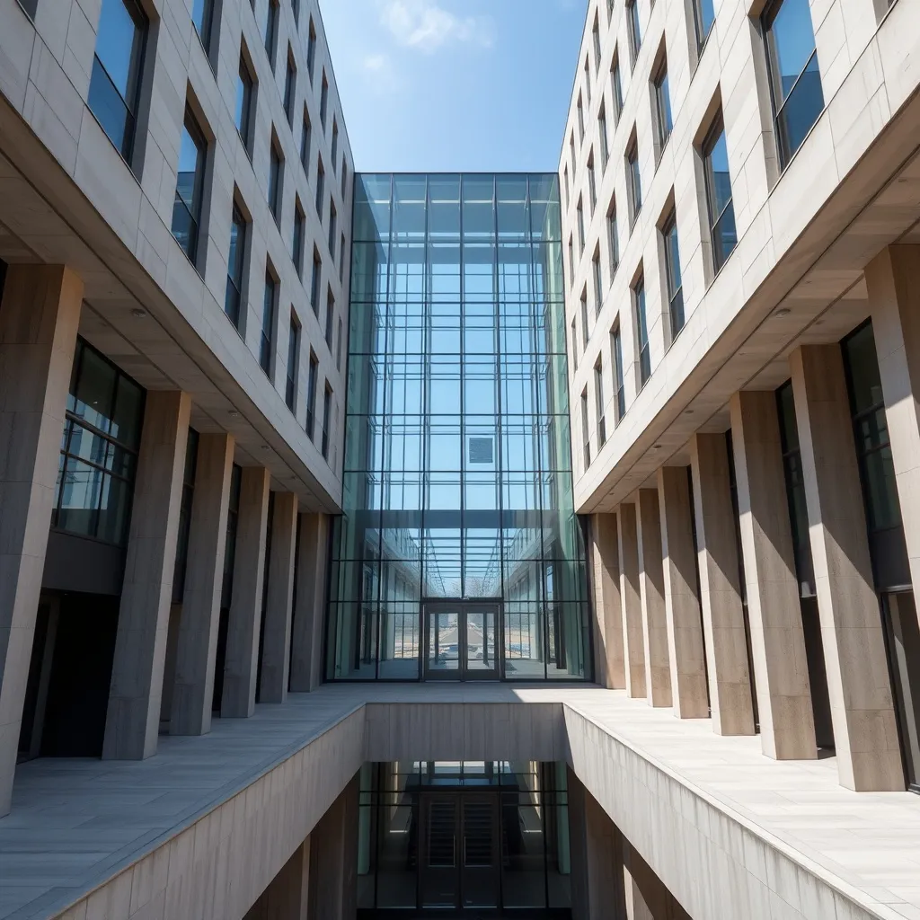 A high-angle architectural shot of a modern government build