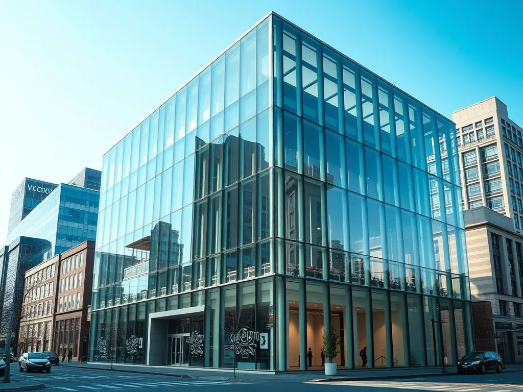 A professional architectural photograph of a modern financia