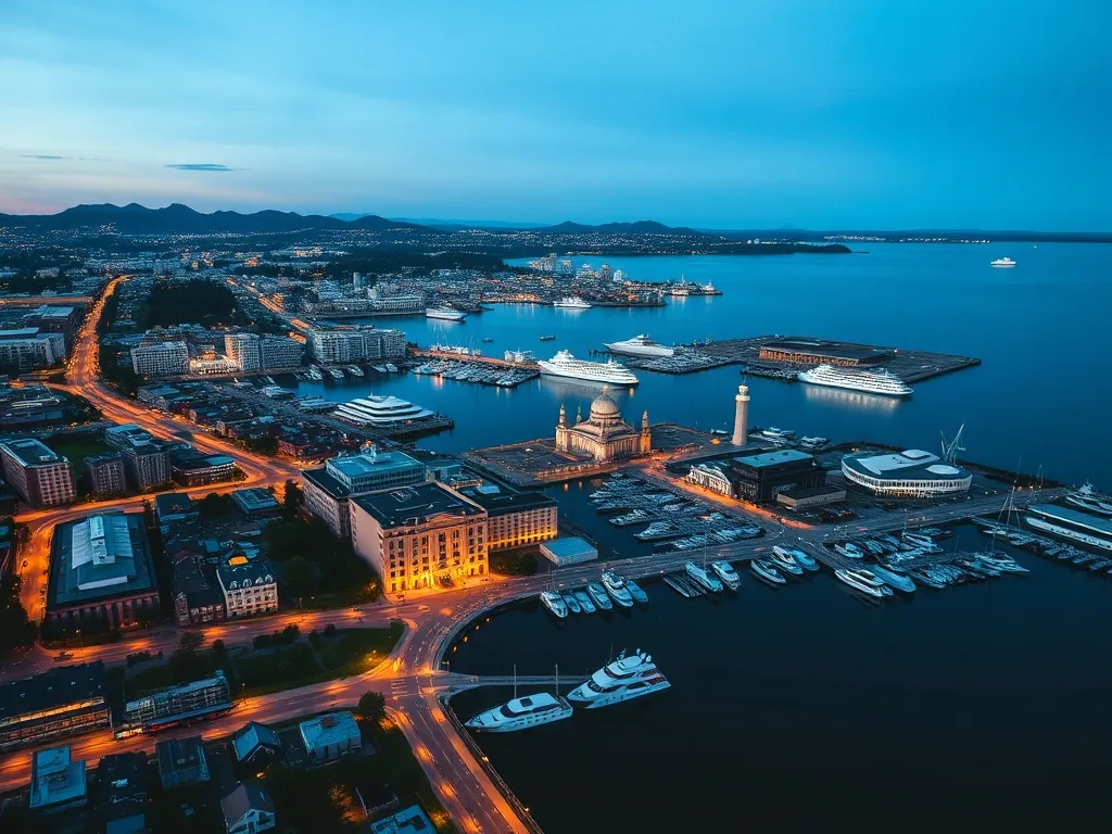 A high angle view of the Victoria Inner Harbour, city lights